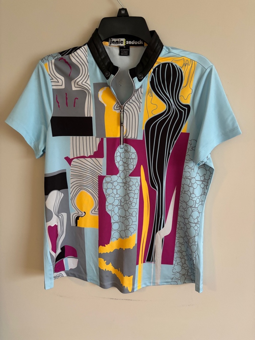 jamie sadock Abstract Figure Zip Polo - Light Blue, Magenta & Yellow